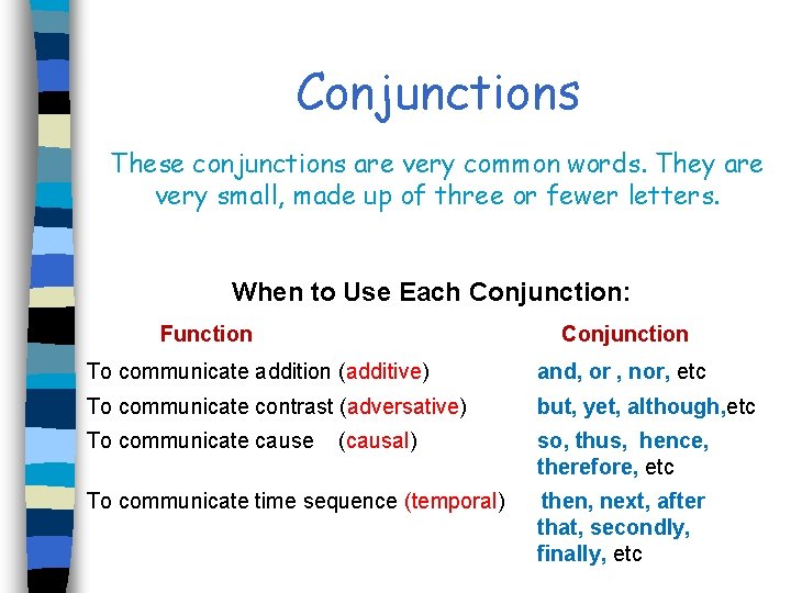 Conjunctions These conjunctions are very common words. They are very small, made up of