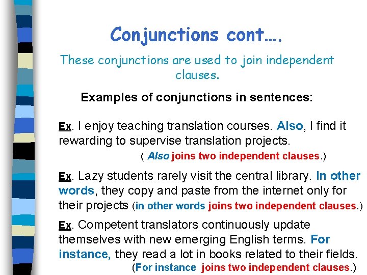 Conjunctions cont…. These conjunctions are used to join independent clauses. Examples of conjunctions in