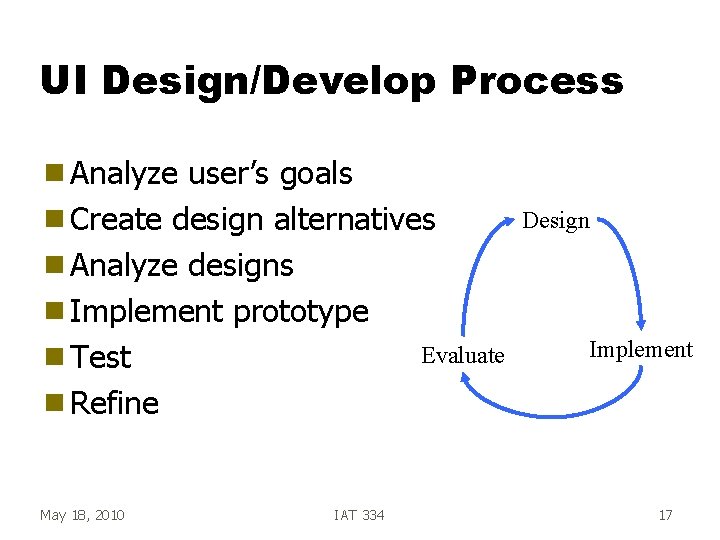 UI Design/Develop Process g Analyze user’s goals g Create design alternatives g Analyze designs UI Design/Develop Process g Analyze user’s goals g Create design alternatives g Analyze designs