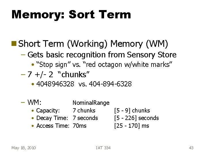 Memory: Sort Term g Short Term (Working) Memory (WM) – Gets basic recognition from Memory: Sort Term g Short Term (Working) Memory (WM) – Gets basic recognition from