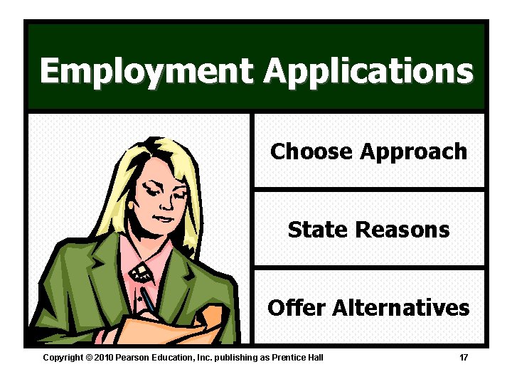 Employment Applications Choose Approach State Reasons Offer Alternatives Copyright © 2010 Pearson Education, Inc.