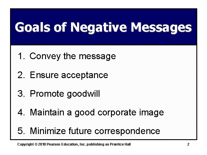 Goals of Negative Messages 1. Convey the message 2. Ensure acceptance 3. Promote goodwill