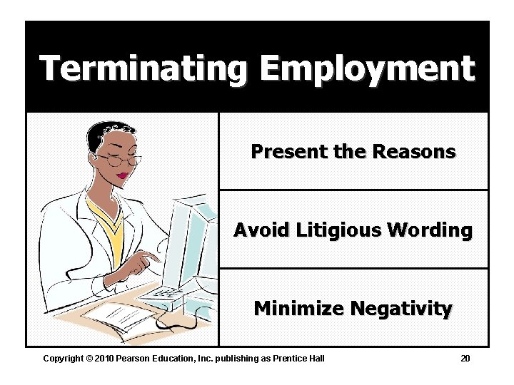 Terminating Employment Present the Reasons Avoid Litigious Wording Minimize Negativity Copyright © 2010 Pearson