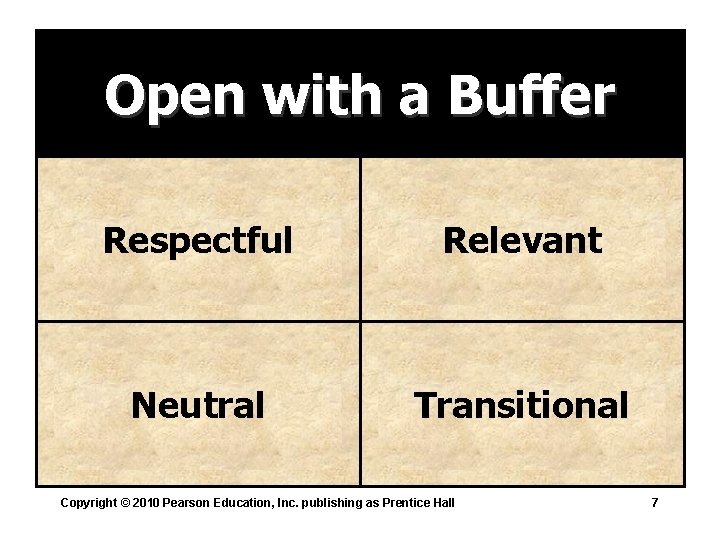 Open with a Buffer Respectful Relevant Neutral Transitional Copyright © 2010 Pearson Education, Inc.