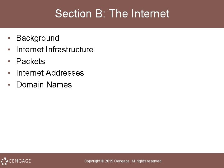 Section B: The Internet • • • Background Internet Infrastructure Packets Internet Addresses Domain