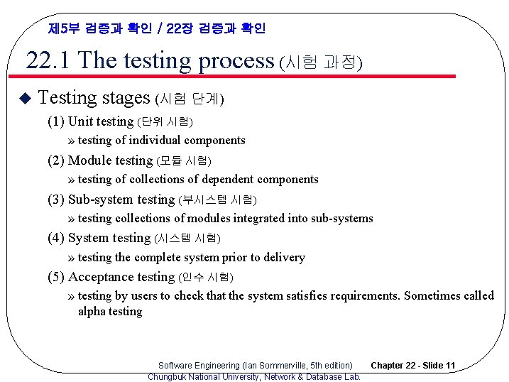 제 5부 검증과 확인 / 22장 검증과 확인 22. 1 The testing process (시험