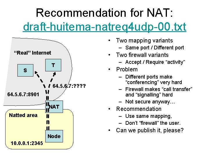 Recommendation for NAT: draft-huitema-natreq 4 udp-00. txt • Two mapping variants – Same port