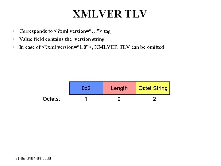 XMLVER TLV • Corresponds to <? xml version=“…”> tag • Value field contains the