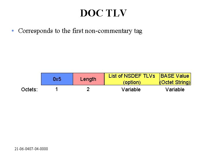 DOC TLV • Corresponds to the first non-commentary tag Octets: 21 -06 -0407 -04