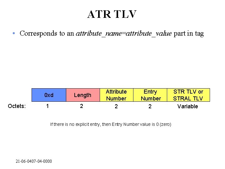 ATR TLV • Corresponds to an attribute_name=attribute_value part in tag Octets: 0 xd Length