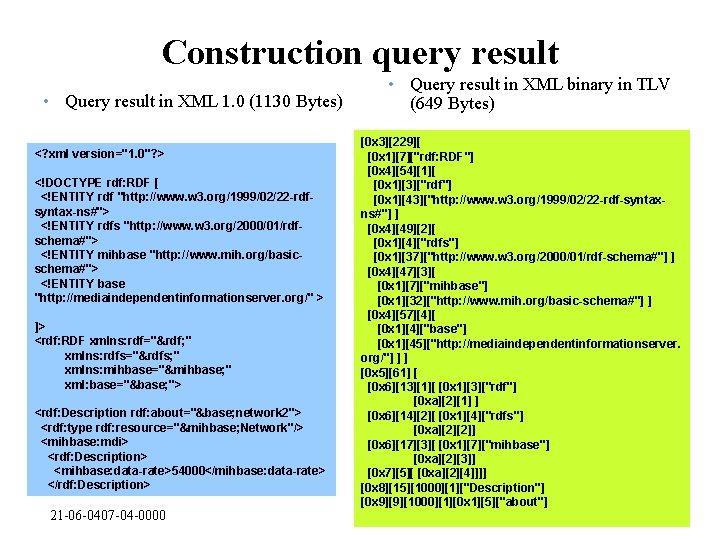 Construction query result • Query result in XML 1. 0 (1130 Bytes) <? xml