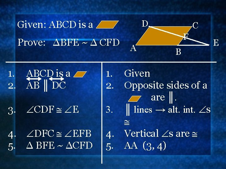 D Given: ABCD is a Prove: ∆BFE ~ ∆ CFD 1. ABCD is a