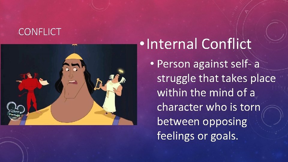 CONFLICT • Internal Conflict • Person against self- a struggle that takes place within