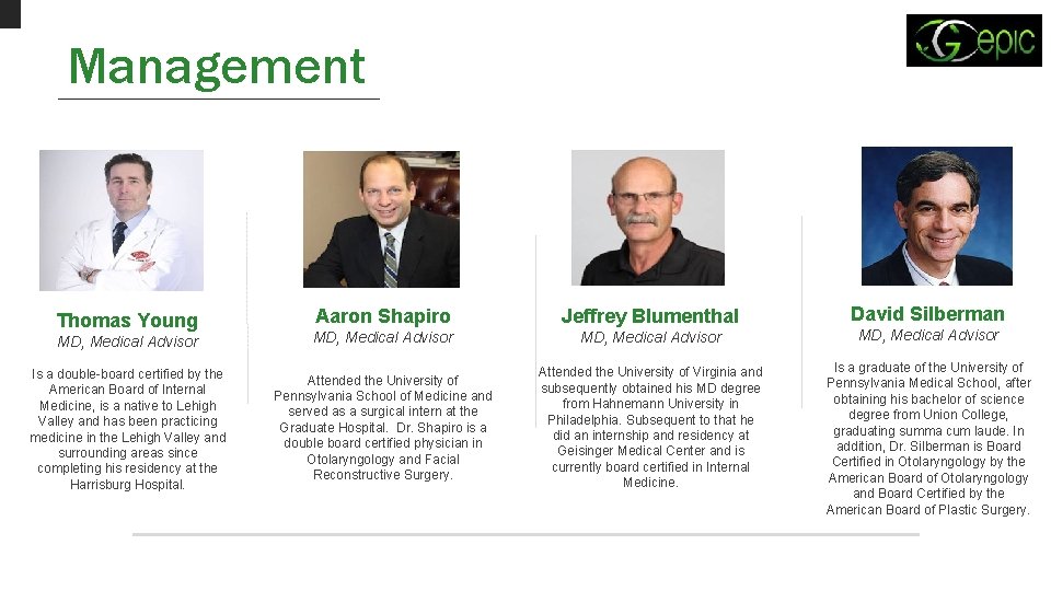 Management David Silberman Aaron Shapiro Jeffrey Blumenthal MD, Medical Advisor Is a double-board certified