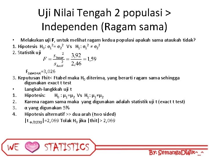 Uji Nilai Tengah 2 populasi > Independen (Ragam sama) • Melakukan uji F, untuk