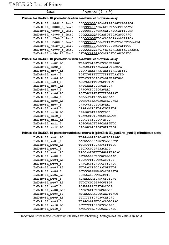 TABLE S 2. List of Primer Name Sequence (5 → 3 ) Primers for