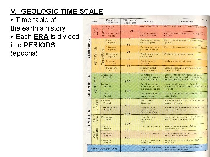 V. GEOLOGIC TIME SCALE • Time table of the earth’s history • Each ERA