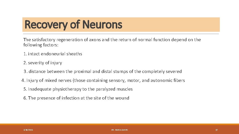 Recovery of Neurons The satisfactory regeneration of axons and the return of normal function