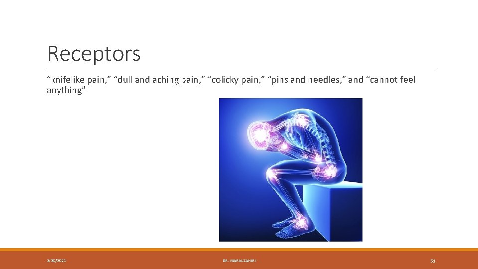 Receptors “knifelike pain, ” “dull and aching pain, ” “colicky pain, ” “pins and