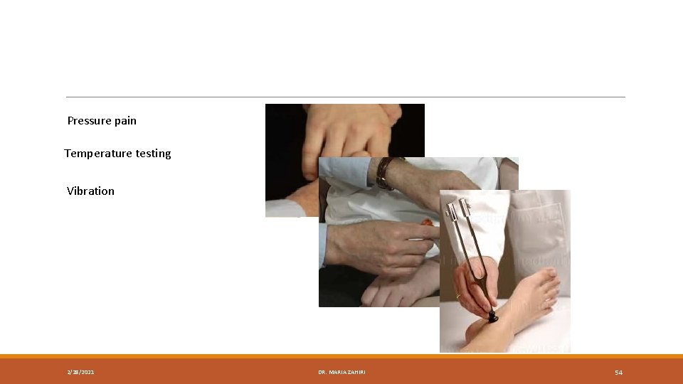 Pressure pain Temperature testing Vibration 2/28/2021 DR. MARIA ZAHIRI 54 