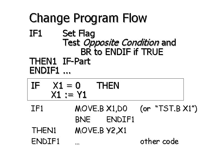 Change Program Flow IF 1 Set Flag Test Opposite Condition and BR to ENDIF