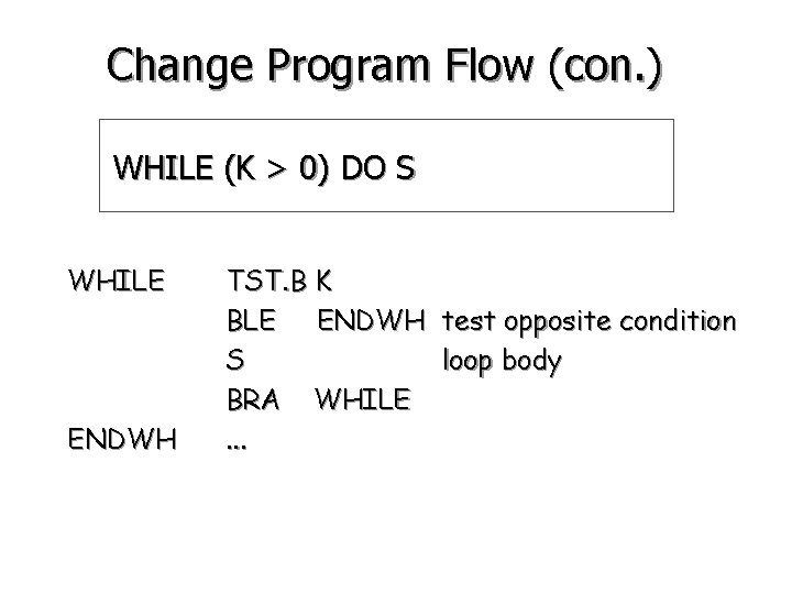 Change Program Flow (con. ) WHILE (K > 0) DO S WHILE ENDWH TST.