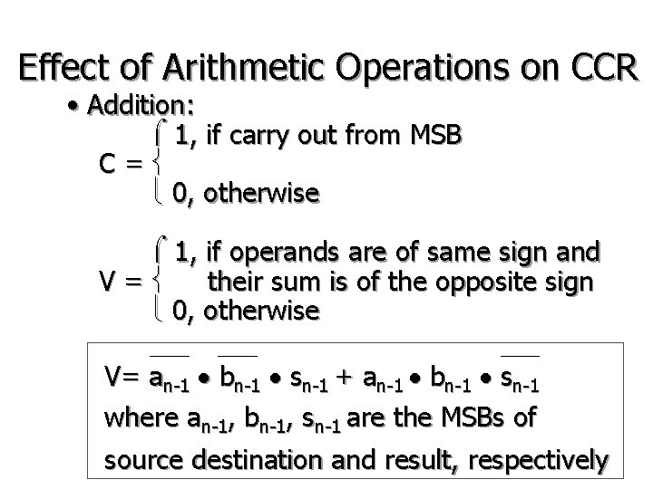 Effect of Arithmetic Operations on CCR • Addition: 1, if carry out from MSB