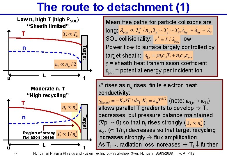 The route to detachment (1) Low n, high T (high PSOL) “Sheath limited” T