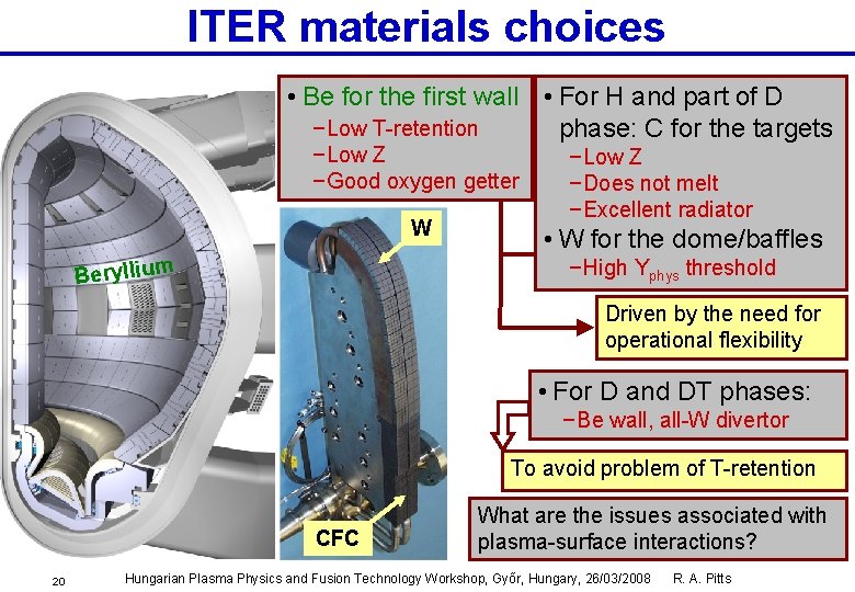 ITER materials choices • Be for the first wall • For H and part