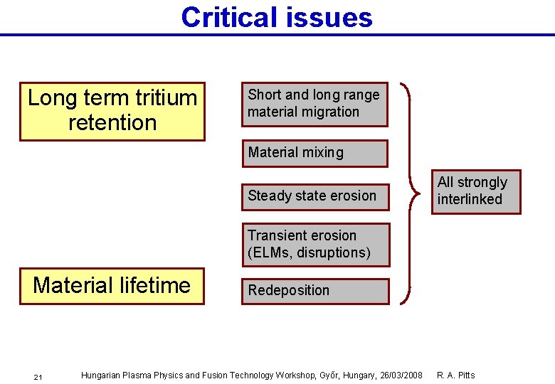 Critical issues Long term tritium retention Short and long range material migration Material mixing