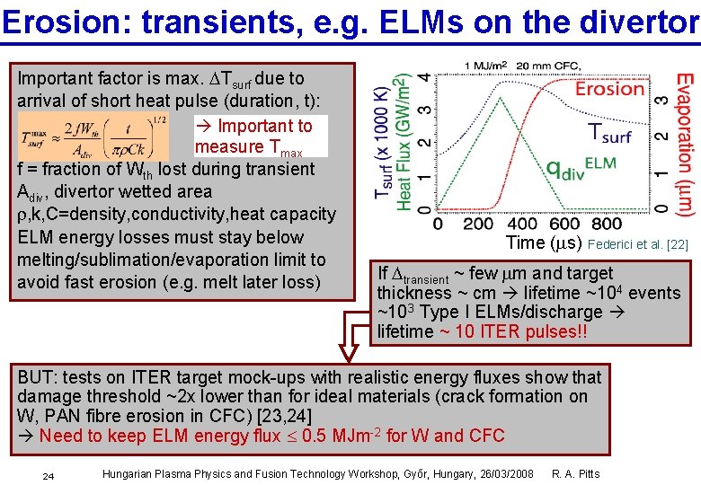 Erosion: transients, e. g. ELMs on the divertor Important factor is max. DTsurf due