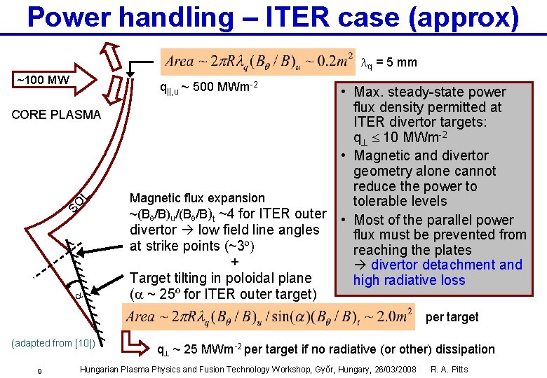 Power handling – ITER case (approx) lq = 5 mm ~100 MW q||, u