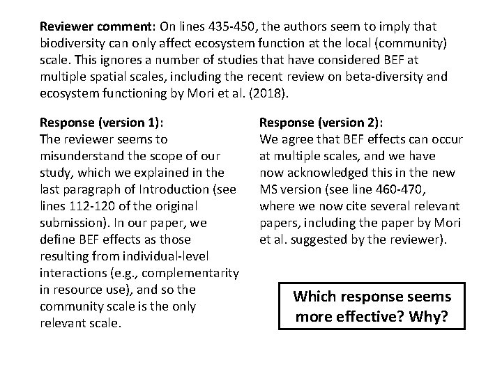 Reviewer comment: On lines 435 -450, the authors seem to imply that biodiversity can