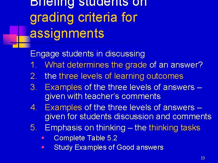 Briefing students on grading criteria for assignments Engage students in discussing 1. What determines