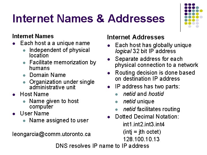 Internet Names & Addresses Internet Names Each host a a unique name Independent of