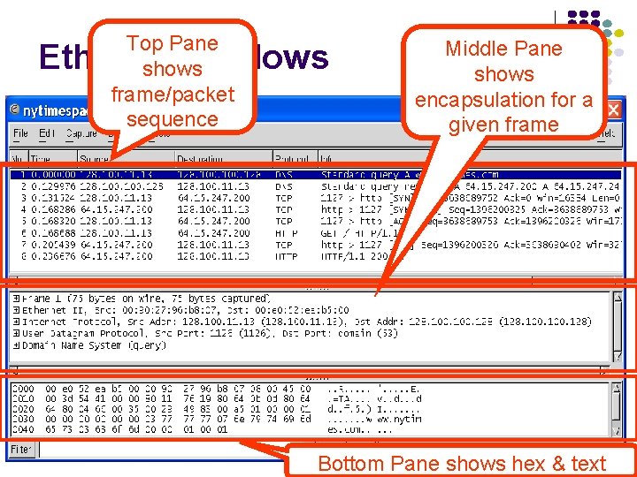 Top Pane shows frame/packet sequence Ethereal windows Middle Pane shows encapsulation for a given