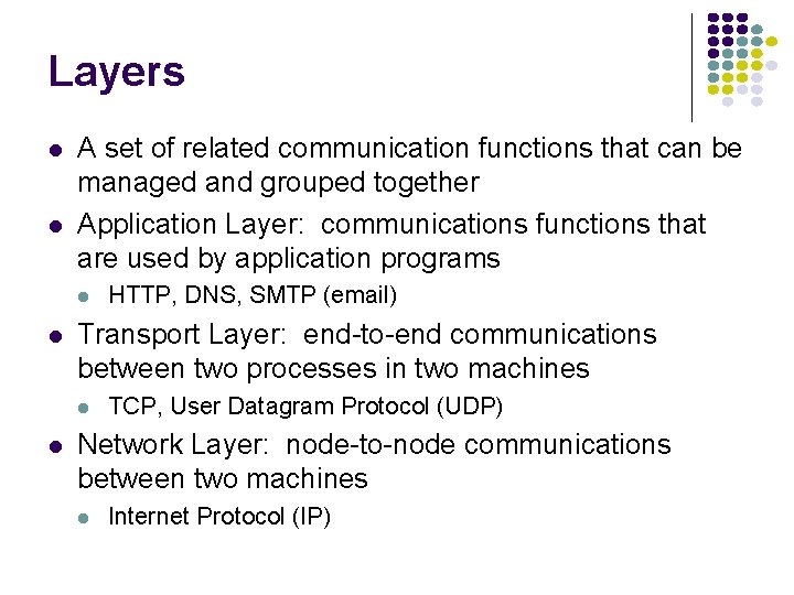 Layers A set of related communication functions that can be managed and grouped together