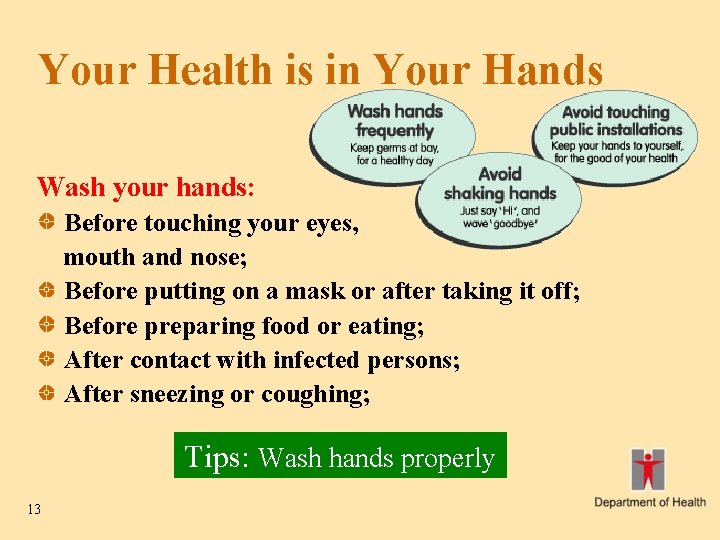 Your Health is in Your Hands Wash your hands: Before touching your eyes, mouth