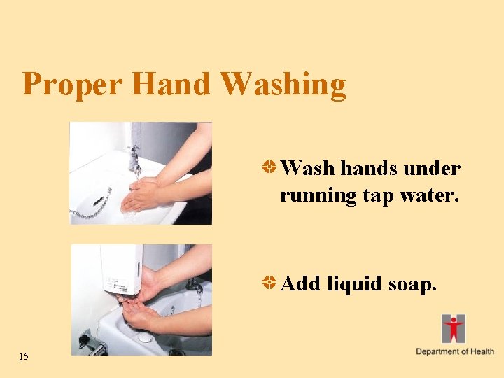 Proper Hand Washing Wash hands under running tap water. Add liquid soap. 15 
