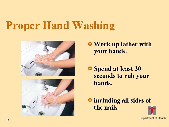Proper Hand Washing Work up lather with your hands. Spend at least 20 seconds