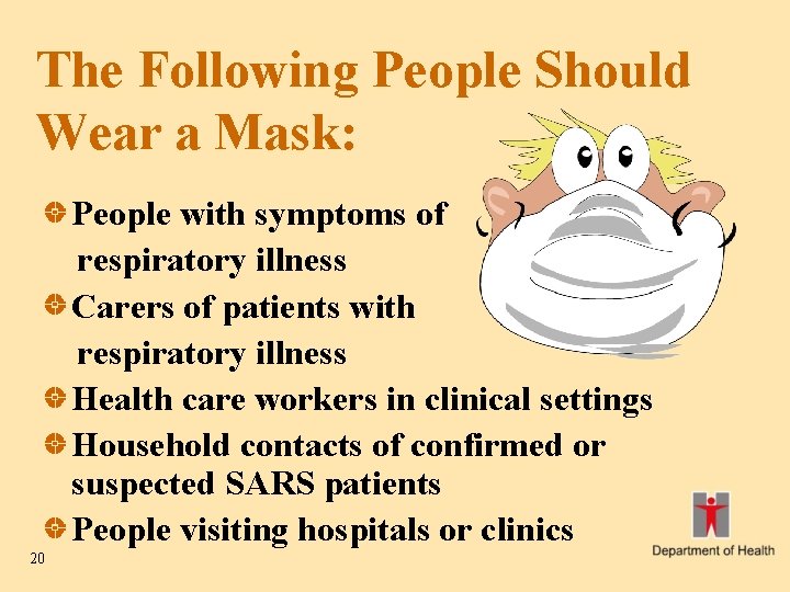 The Following People Should Wear a Mask: People with symptoms of respiratory illness Carers