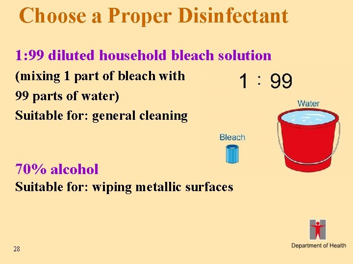 Choose a Proper Disinfectant 1: 99 diluted household bleach solution (mixing 1 part of