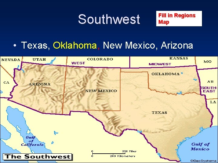 Southwest Fill in Regions Map • Texas, Oklahoma, New Mexico, Arizona 