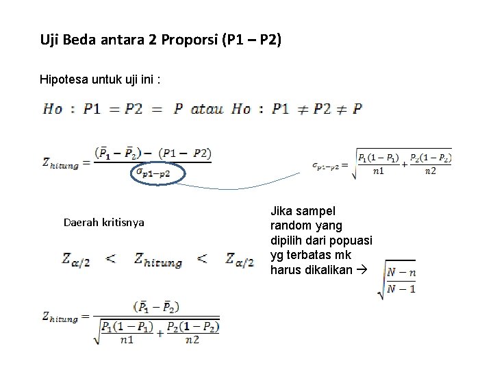 Uji Beda antara 2 Proporsi (P 1 – P 2) Hipotesa untuk uji ini
