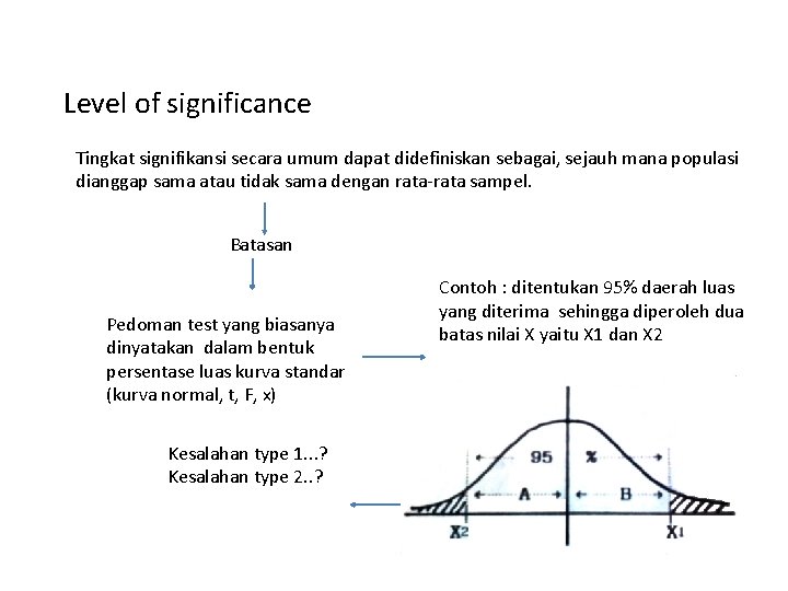 Level of significance Tingkat signifikansi secara umum dapat didefiniskan sebagai, sejauh mana populasi dianggap
