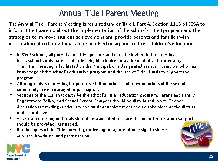 Annual Title I Parent Meeting The Annual Title I Parent Meeting is required under