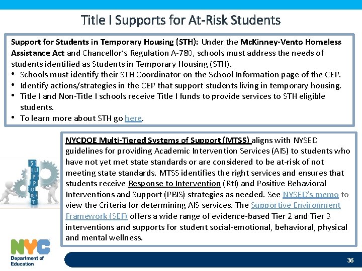 Title I Supports for At-Risk Students Support for Students in Temporary Housing (STH): Under