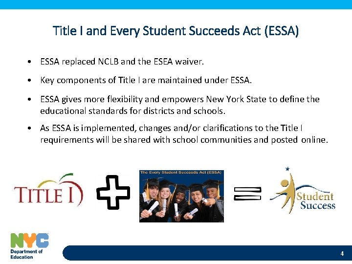 Title I and Every Student Succeeds Act (ESSA) • ESSA replaced NCLB and the