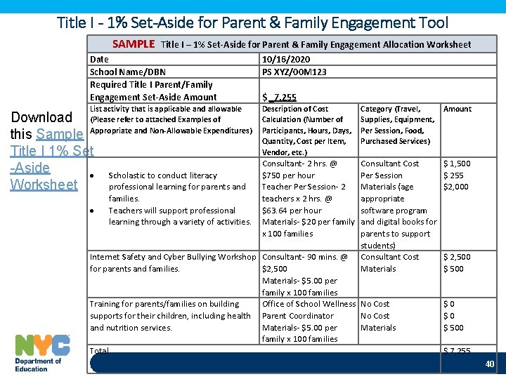 Title I - 1% Set-Aside for Parent & Family Engagement Tool SAMPLE Title I