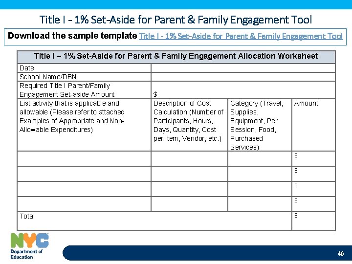 Title I - 1% Set-Aside for Parent & Family Engagement Tool Download the sample
